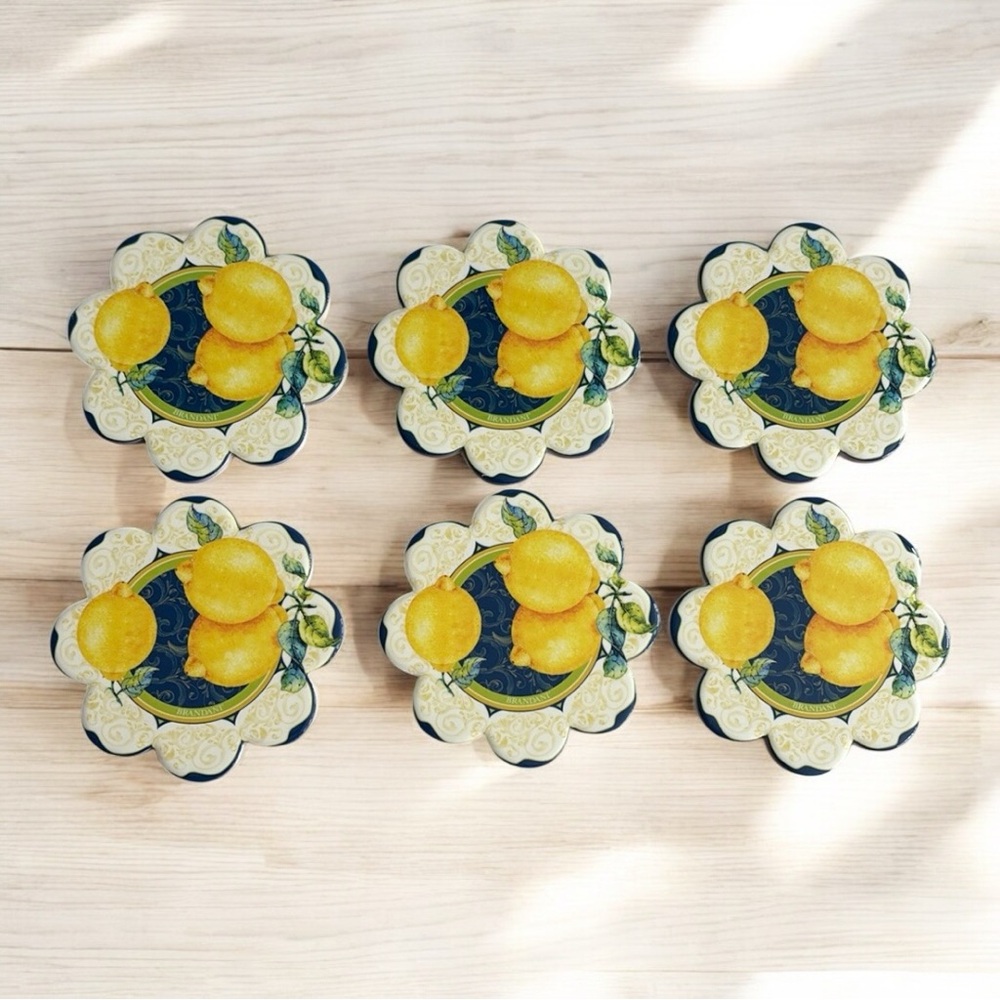 Brandani Italy Set of 6 Ceramic/ Cork Sicilian Coasters Lemon Design Blue Border